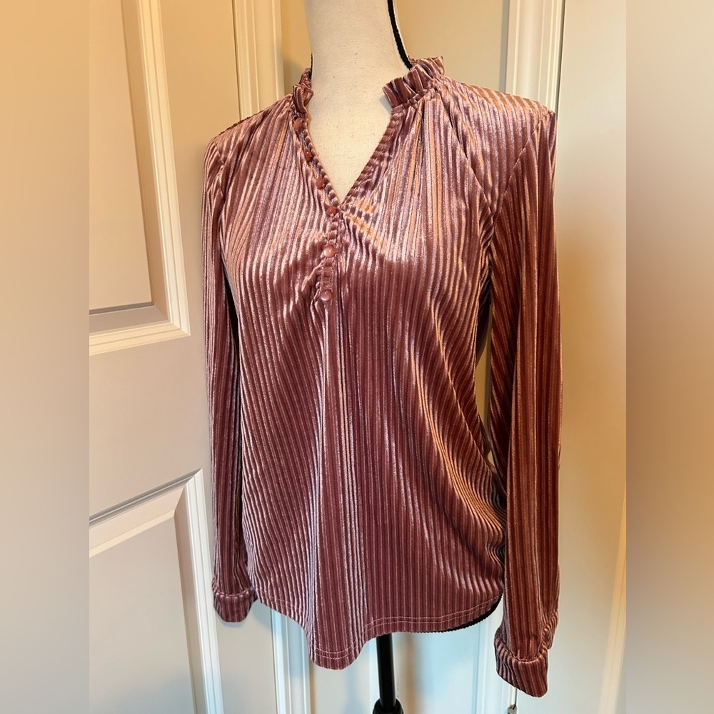 Pink velvet, ribbed ruffled, long sleeve button-down shirt